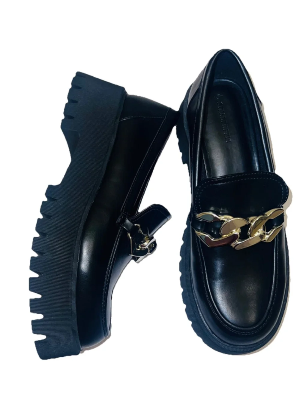 Black Chunky Lug Sole Loafers Gold Chain Platform Minimalist Chic Shoes
